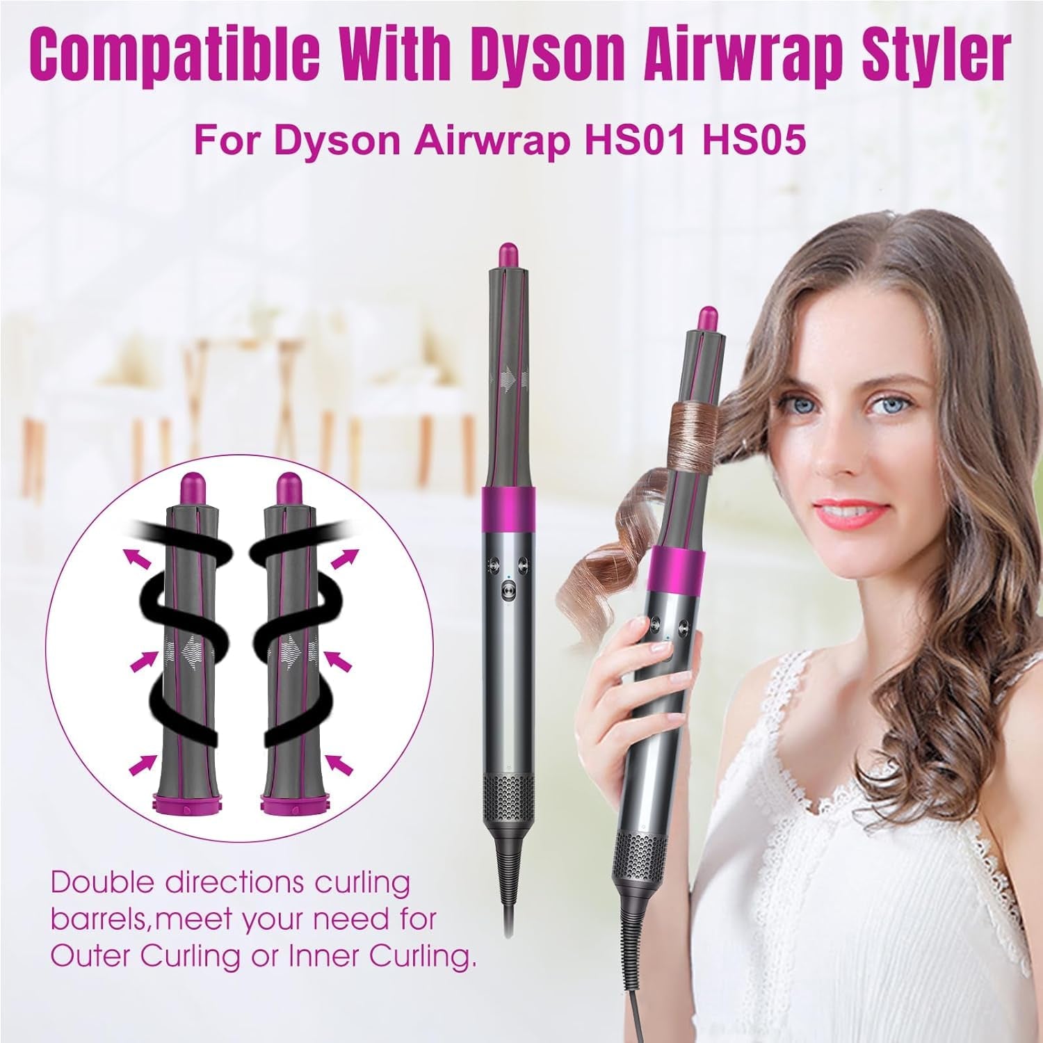 Hair Curling Iron Barrels & round Brush Attachment for Dyson Supersonic Hair Dryer, 5 in 1 Hair Tools Replacement Parts Automatic Curling Suit, Accessories for Multiple Hair Styles